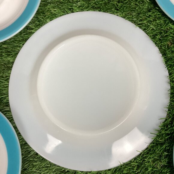 Vintage PYREX Turquoise Aqua Wide Rim Stripe Saucer Plates Set - Picture 9 of 9